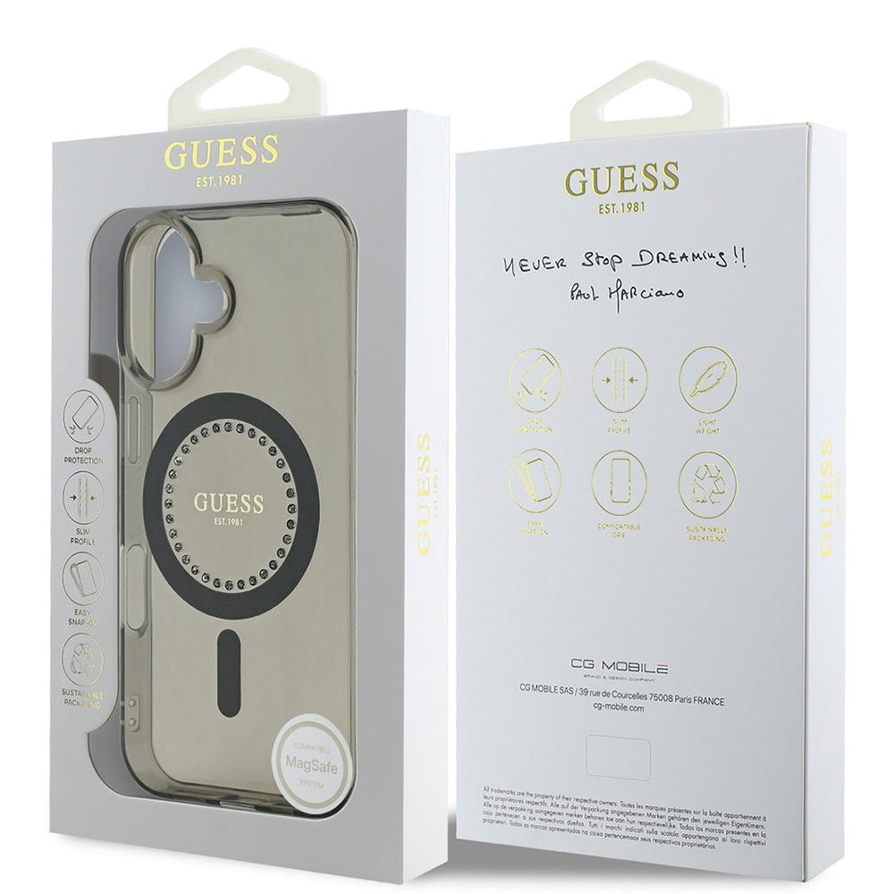 Husa de protectie Guess IML Rhinestones MagSafe (GUHMP16SPFTDTEK) compatibil cu iPhone 16, Negru