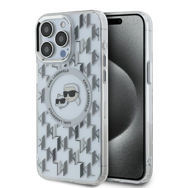 Husa de protectie Karl Lagerfeld IML MagSafe (KLHMP15LHMCKMHT) compatibil cu iPhone 15 Pro, Transparent Monogram Karl&Choupette Head