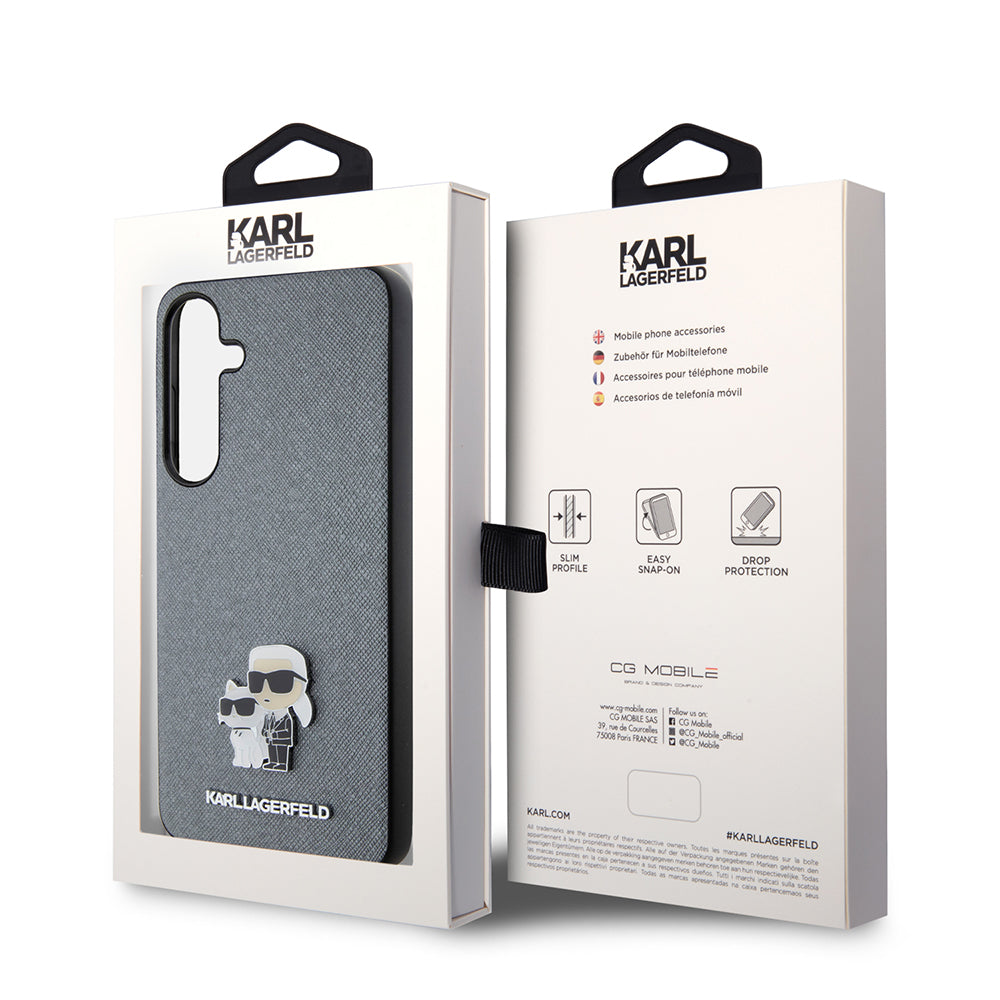 Husa de protectie Karl Lagerfeld Saffiano (KLHCS24MPSAKCMPG) compatibil cu Samsung Galaxy S24 Plus, Gri Karl&Choupette Metal Pin