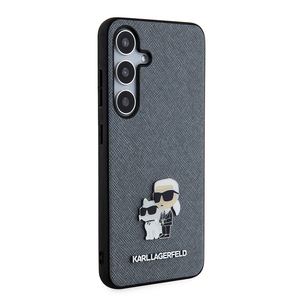 Husa de protectie Karl Lagerfeld Saffiano (KLHCS24SPSAKCMPG) compatibil cu Samsung Galaxy S24, Gri Karl&Choupette Metal Pin