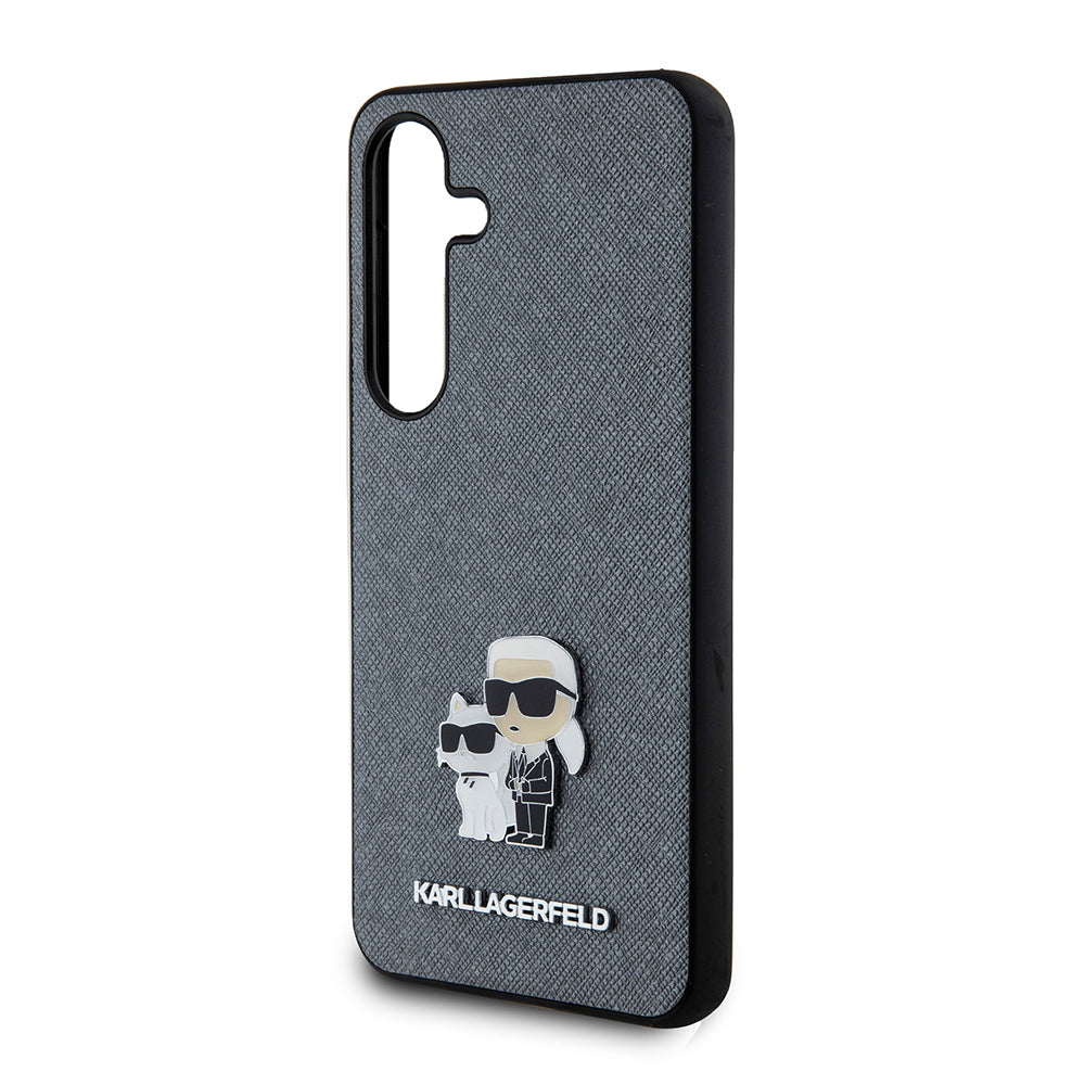 Husa de protectie Karl Lagerfeld Saffiano (KLHCS24SPSAKCMPG) compatibil cu Samsung Galaxy S24, Gri Karl&Choupette Metal Pin