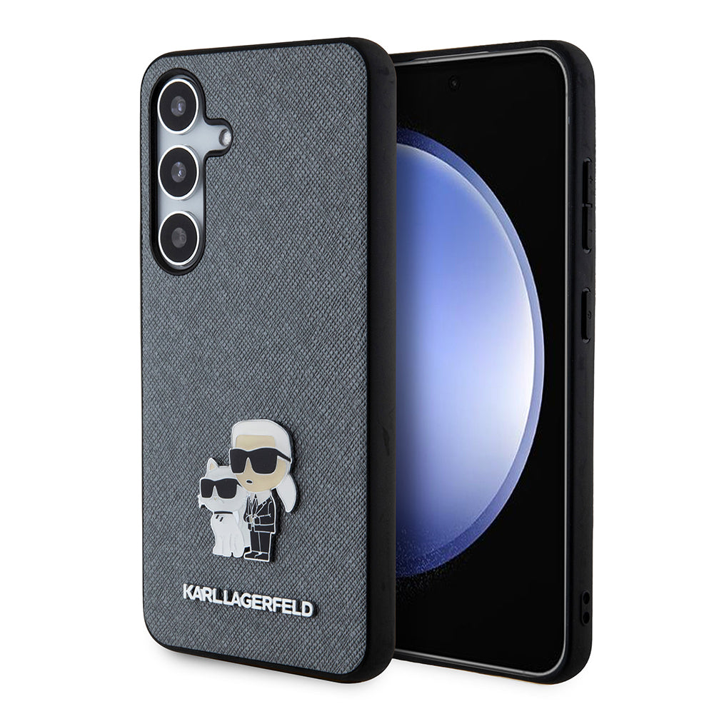 Husa de protectie Karl Lagerfeld Saffiano (KLHCS24SPSAKCMPG) compatibil cu Samsung Galaxy S24, Gri Karl&Choupette Metal Pin