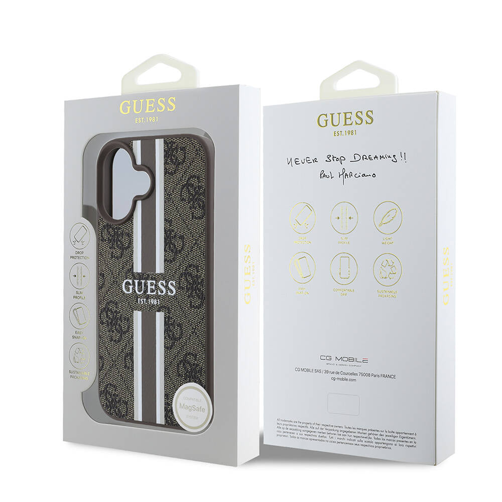 Husa de protectie Guess Hardcase 4G Printed Stripes MagSafe (GUHMP16MP4RPSW) compatibil cu iPhone 16 Plus, Maro