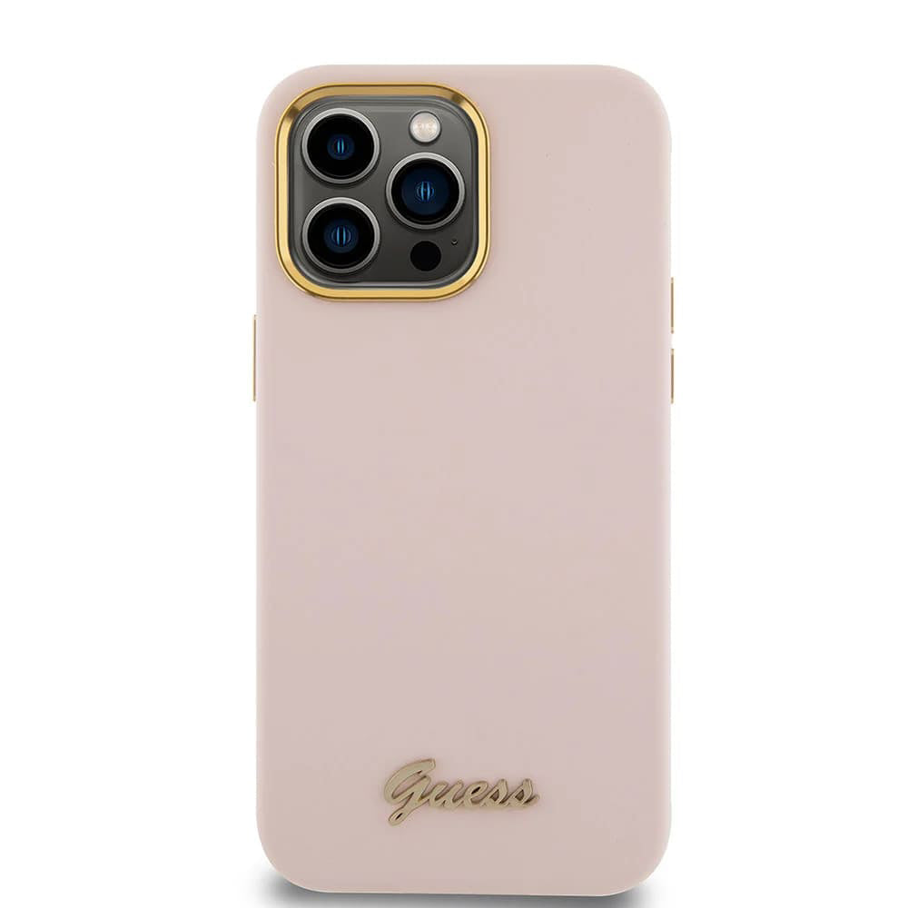 Husa de protectie Guess Silicone Script Metal Logo & Frame (GUHCP15LSMBSLP) compatibil cu iPhone 15 Pro, Roz Deschis