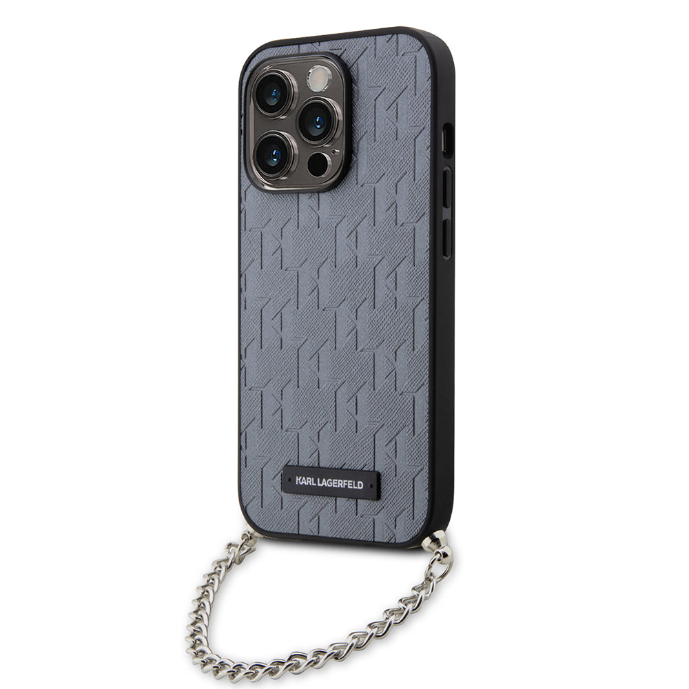 Husa de protectie Karl Lagerfeld Saffiano Monogram Chain (KLHCP14LSACKLHPG) compatibil cu iPhone 14 Pro, Argintiu