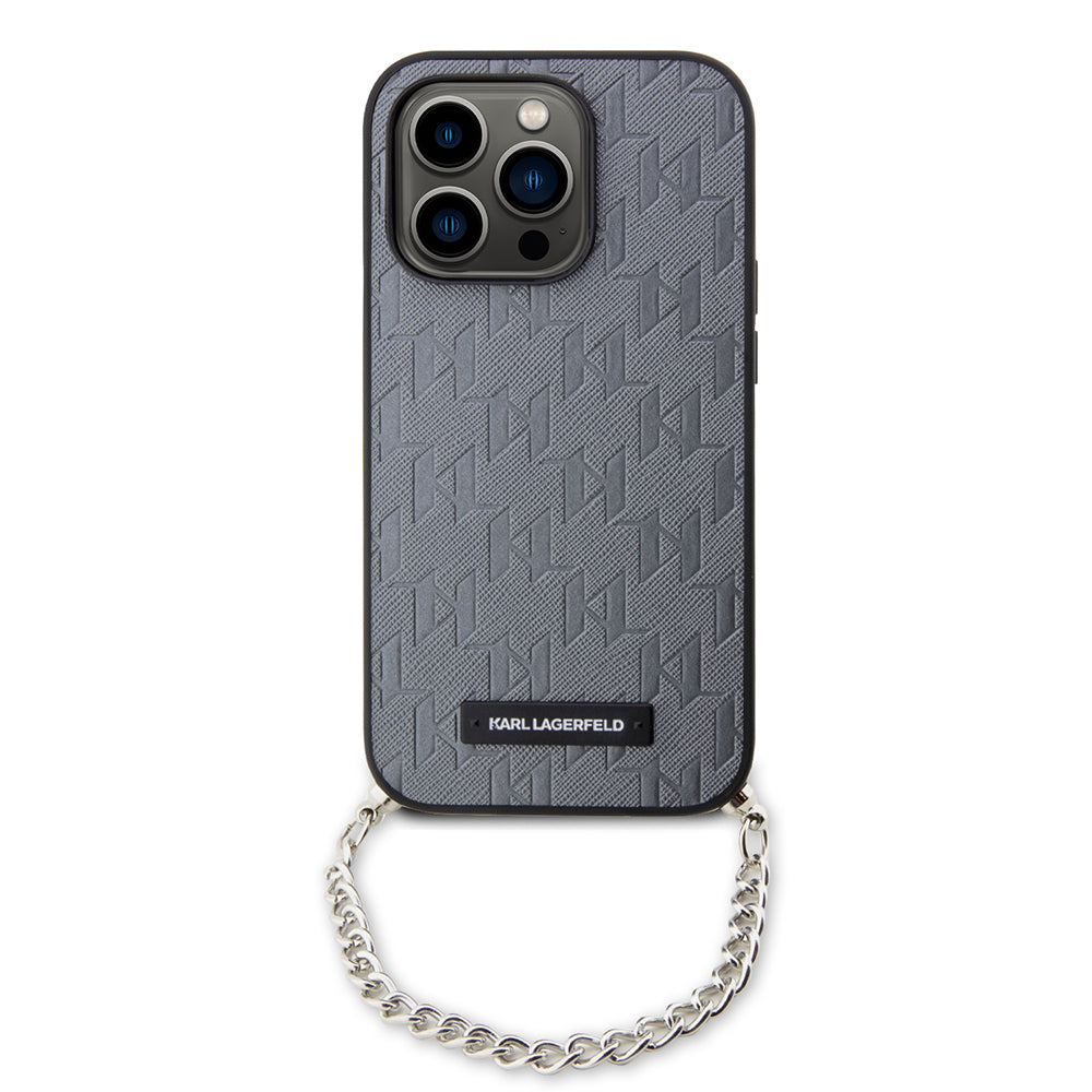 Husa de protectie Karl Lagerfeld Saffiano Monogram Chain (KLHCP14LSACKLHPG) compatibil cu iPhone 14 Pro, Argintiu