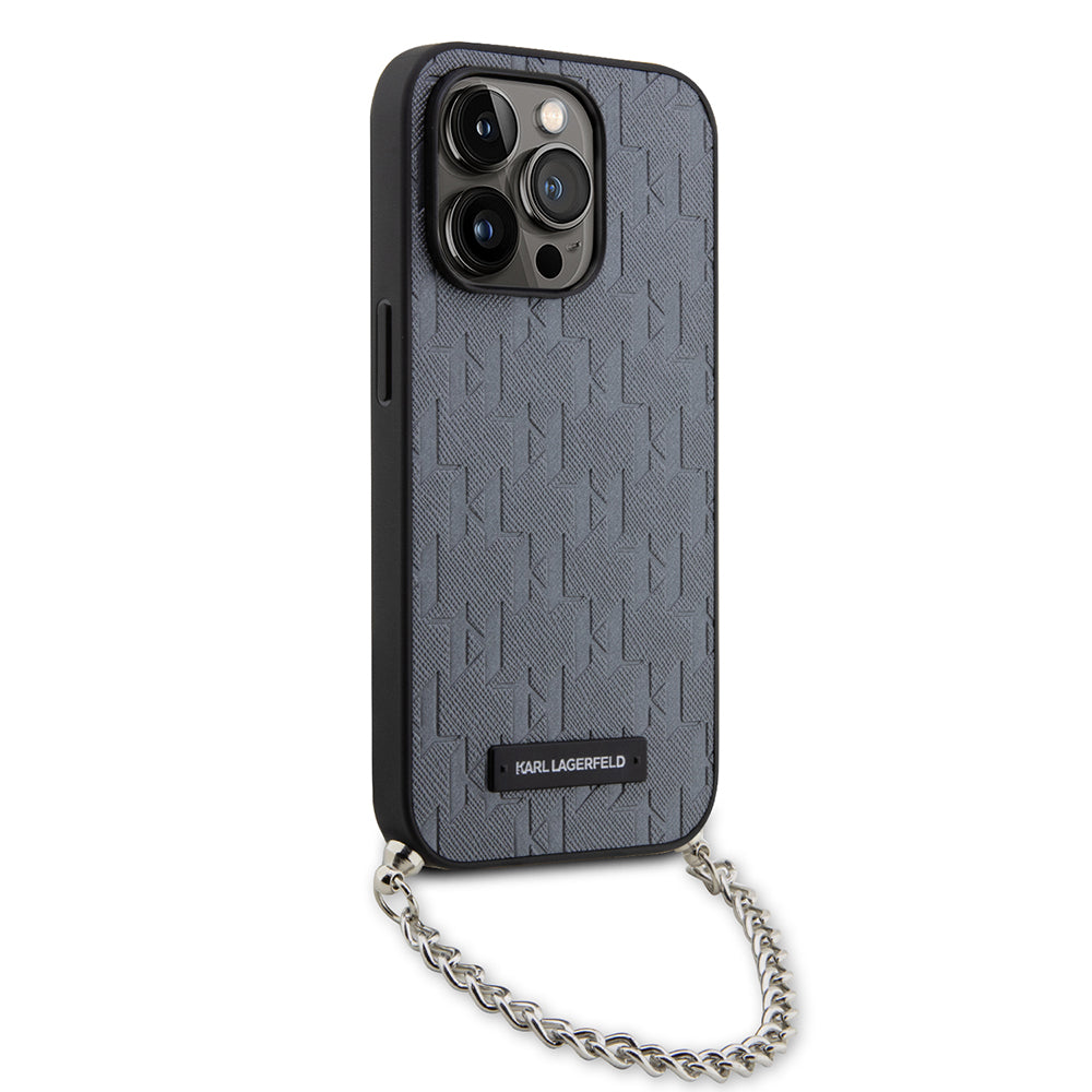 Husa de protectie Karl Lagerfeld Saffiano Monogram Chain (KLHCP14LSACKLHPG) compatibil cu iPhone 14 Pro, Argintiu