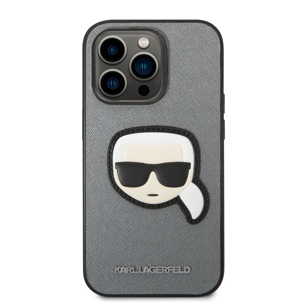 Husa de protectie Karl Lagerfeld Saffiano (KLHCP14LSAPKHG) compatibil cu iPhone 14 Pro, Argintiu Karl`S Head