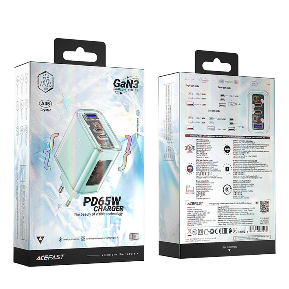 Incarcator Acefast Exploration Series (A45), 2 x USB-C, USB, GaN, PD65W, Fast Charging, Mountain Mist