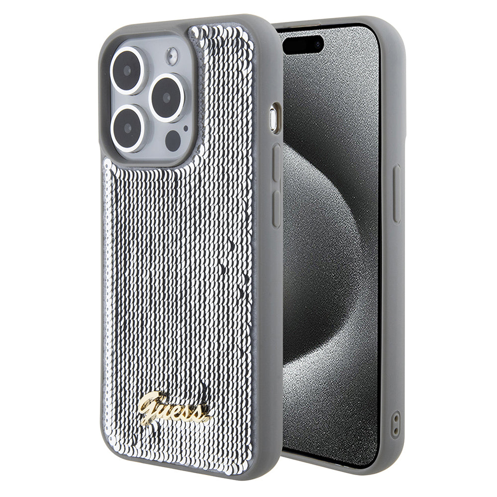 Husa de protectie Guess Sequin Script Metal (GUHCP15XPSFDGSS) compatibil cu iPhone 15 Pro Max, Argintiu