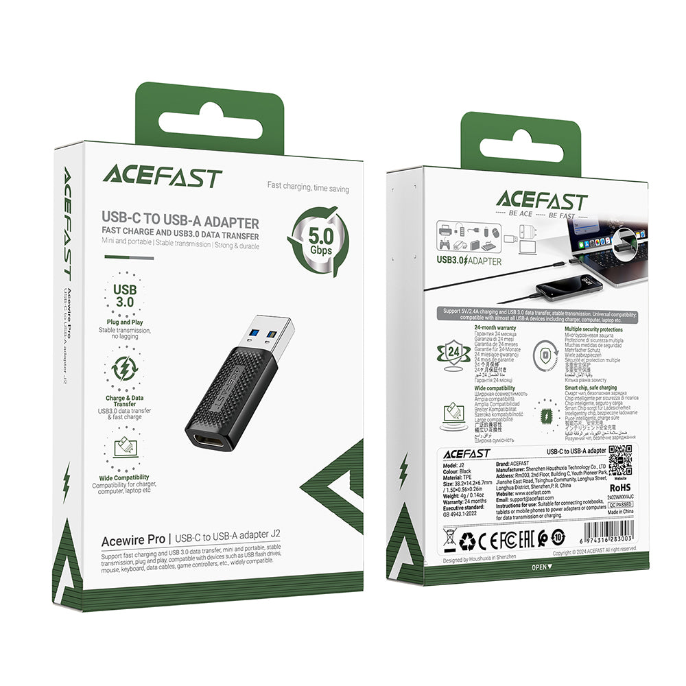 Adaptor Acefast Adapter (J2), Type-C to USB 3.0, Fast Charging, Data Transmission, 5Gbps, Negru