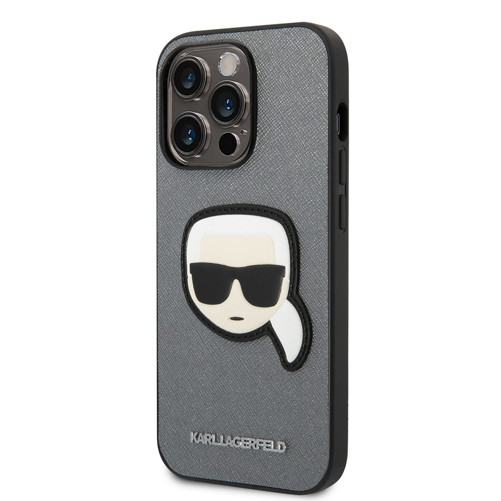 Husa de protectie Karl Lagerfeld Saffiano (KLHCP14XSAPKHG) compatibil cu iPhone 14 Pro Max, Argintiu Karl`S Head