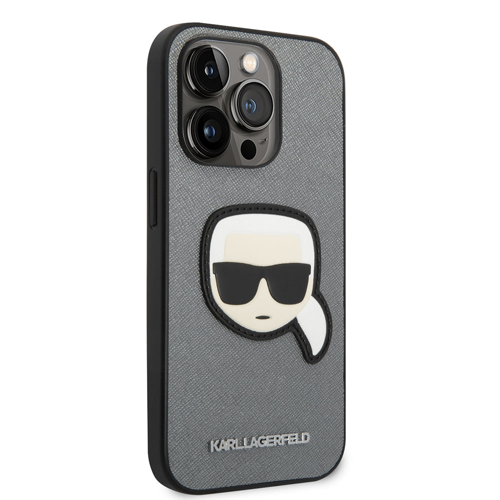 Husa de protectie Karl Lagerfeld Saffiano (KLHCP14XSAPKHG) compatibil cu iPhone 14 Pro Max, Argintiu Karl`S Head