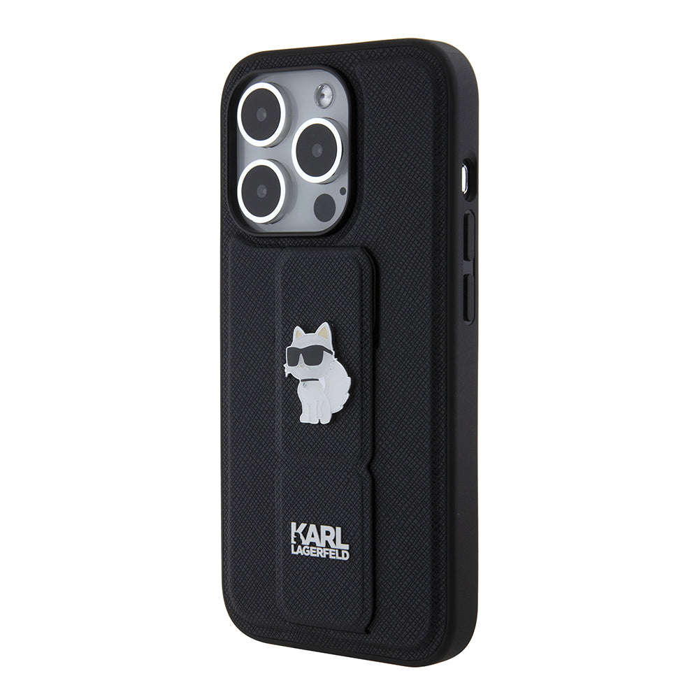 Husa de protectie Karl Lagerfeld Saffiano Gripstand (KLHCP15LGSACHPK) compatibil cu iPhone 15 Pro, Choupette Pins