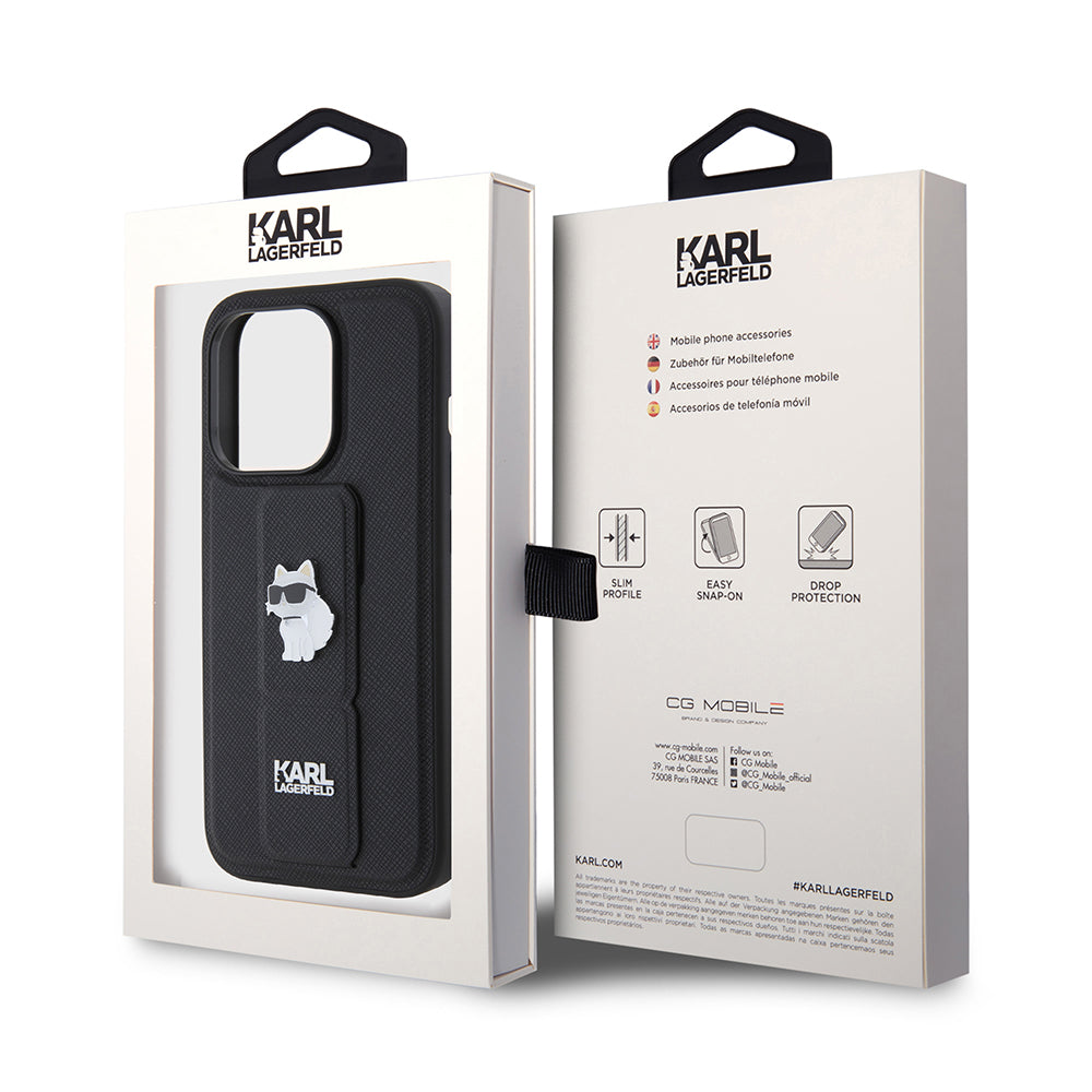Husa de protectie Karl Lagerfeld Saffiano Gripstand (KLHCP15LGSACHPK) compatibil cu iPhone 15 Pro, Choupette Pins