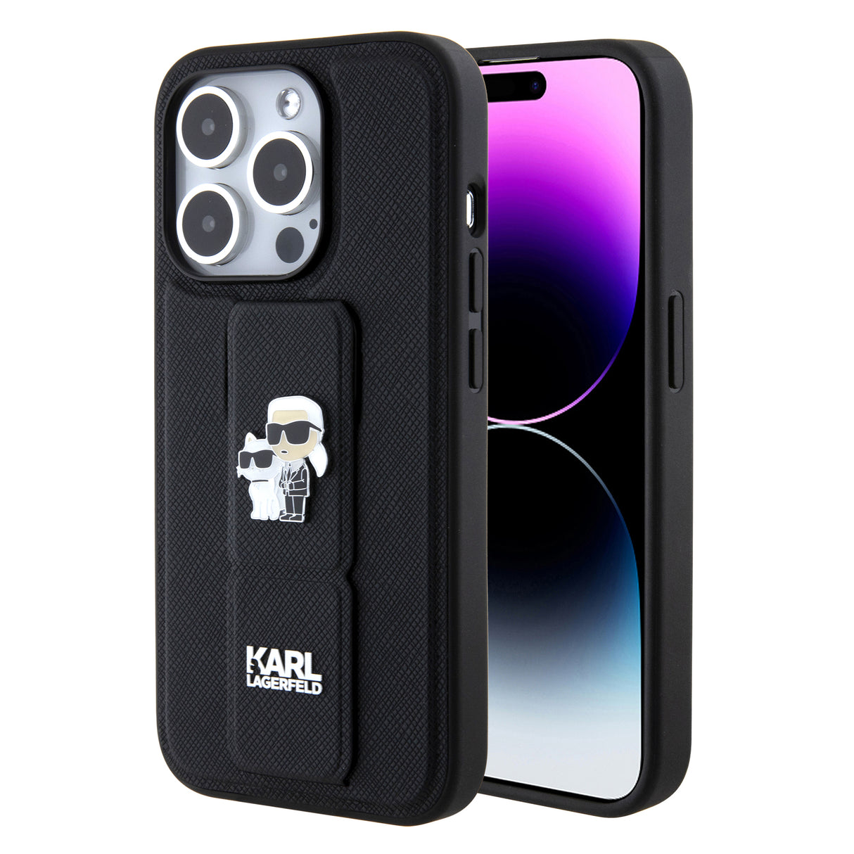 Husa de protectie Karl Lagerfeld Saffiano Gripstand (KLHCP15LGSAKCPK) compatibil cu iPhone 15 Pro, Karl&Choupette Pins
