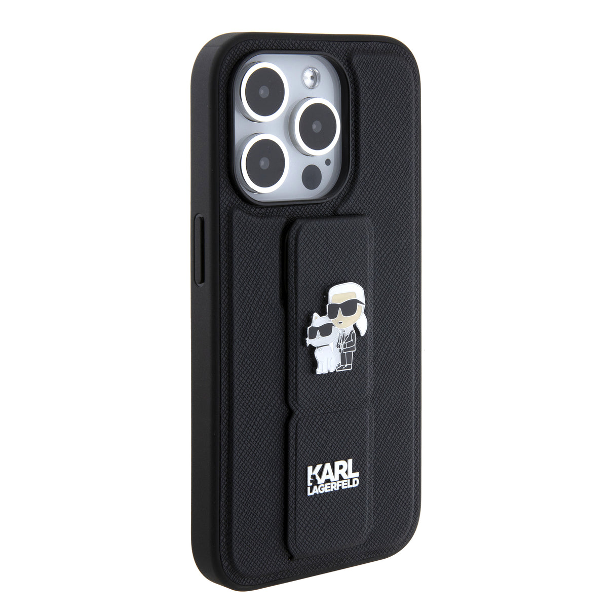 Husa de protectie Karl Lagerfeld Saffiano Gripstand (KLHCP15LGSAKCPK) compatibil cu iPhone 15 Pro, Karl&Choupette Pins