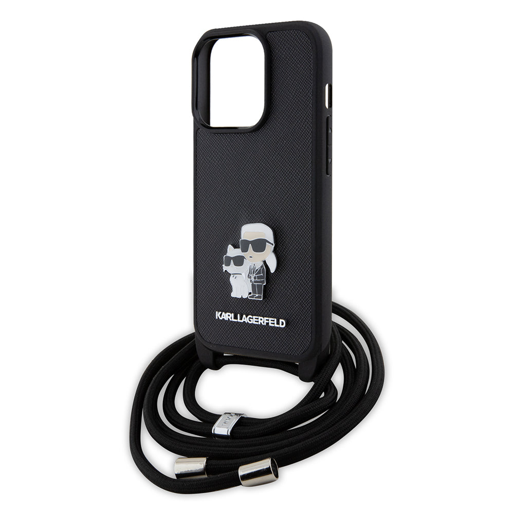 Husa de protectie Karl Lagerfeld Saffiano Crossbody (KLHCP15LSAKCPSK) compatibil cu iPhone 15 Pro, Metal Pin Karl&Choupette