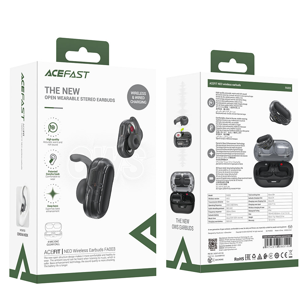 Casti Acefast Acefit Neo (FA003), USB-C, IPX4, Bluetooth 5.3, Call Noise Reduction, Bass Effect, 500mAh, Negru