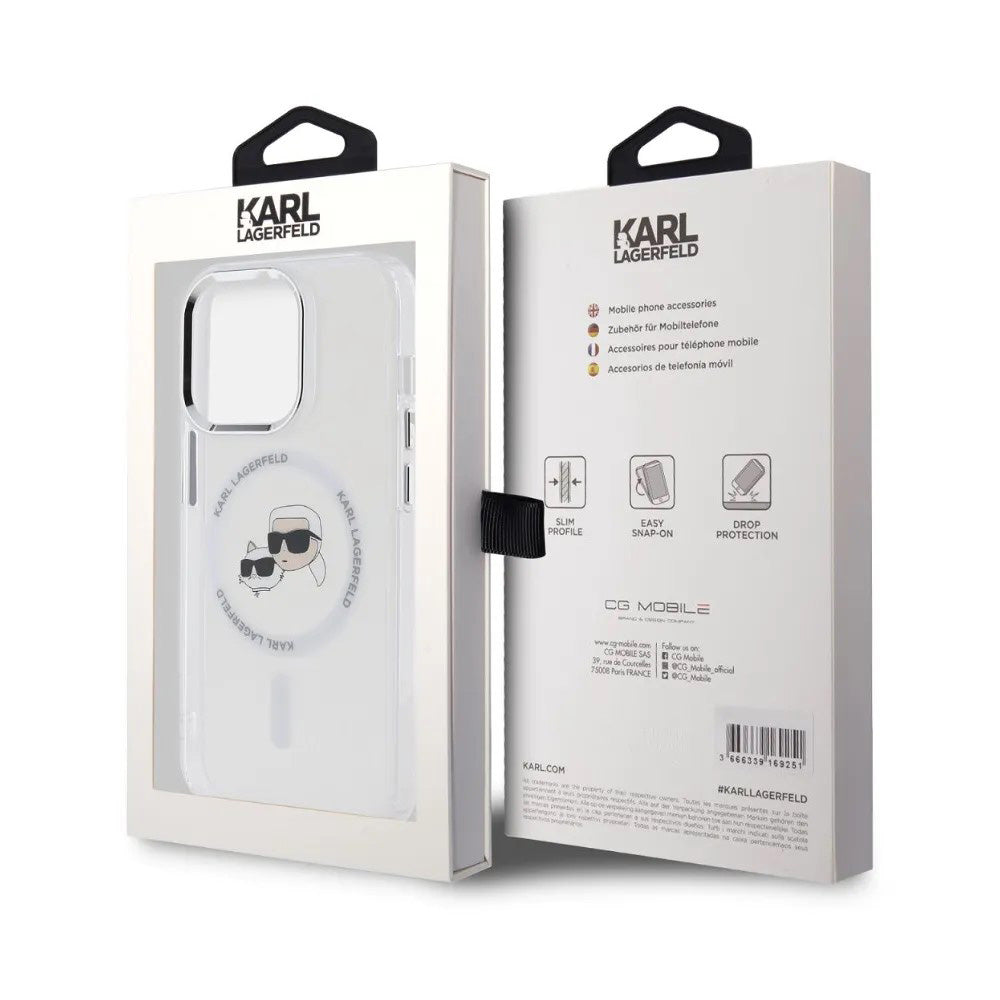 Husa de protectie Karl Lagerfeld IML MagSafe (KLHMP14LHLSKCH) compatibil cu iPhone 14 Pro, Alb Metal Karl&Choupette Head