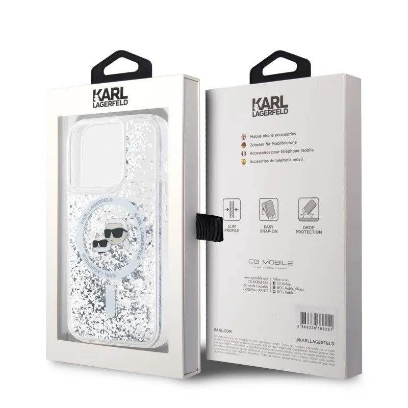 Husa de protectie Karl Lagerfeld Liquid Glitter MagSafe (KLHMP15XLGKCSGH) compatibil cu iPhone 15 Pro Max, Transparent Karl&Choupette Head