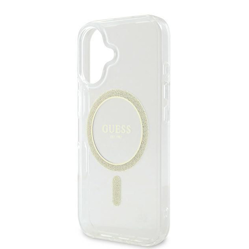 Husa de protectie Guess IML Glitter Circle MagSafe (GUHMP16SHFGERET) compatibil cu iPhone 16, Transparent