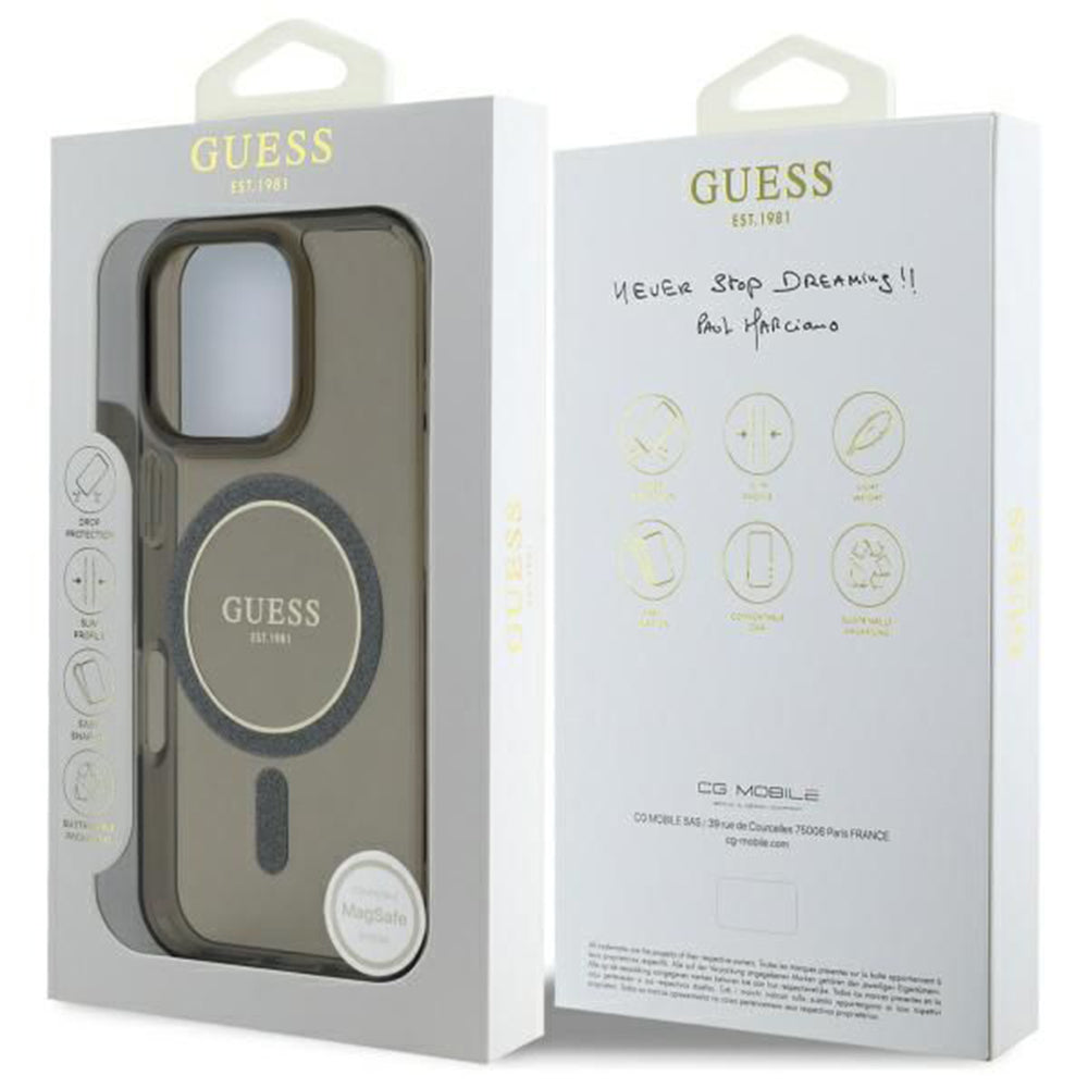 Husa de protectie Guess IML Glitter Circle MagSafe (GUHMP16LHFGEREK) compatibil cu iPhone 16 Pro, Negru