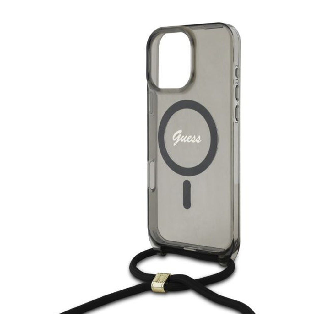 Husa de protectie Guess IML Crossbody Cord Script MagSafe (GUHMP16LHCTSGNSK) compatibil cu iPhone 16 Pro, Negru