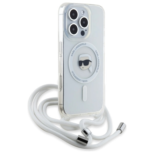 Husa de protectie Karl Lagerfeld IML Crossbody MagSafe (KLHMP16LHCKHNT) compatibil cu iPhone 16 Pro, Transparent Karl Head