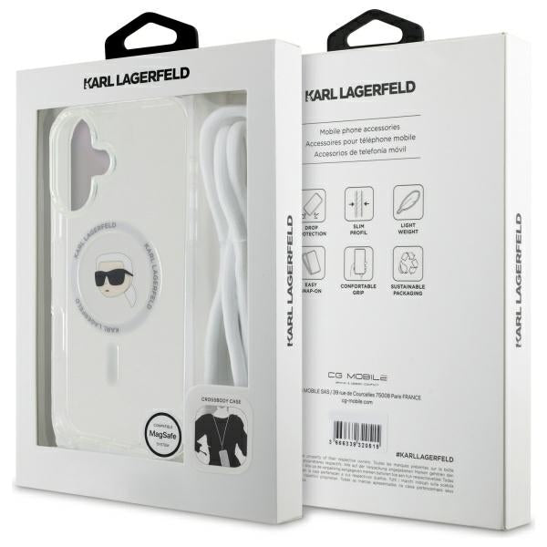 Husa de protectie Karl Lagerfeld IML Crossbody MagSafe (KLHMP16SHCKHNT) compatibil cu iPhone 16, Transparent Karl Head
