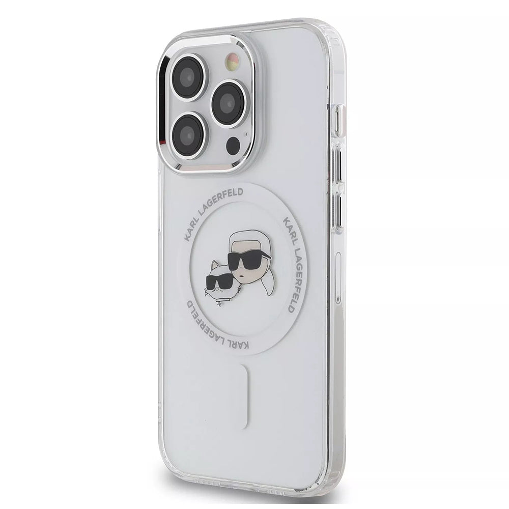 Husa de protectie Karl Lagerfeld IML MagSafe (KLHMP15LHLSKCH) compatibil cu iPhone 15 Pro, Alb Metal Karl&Choupette Head