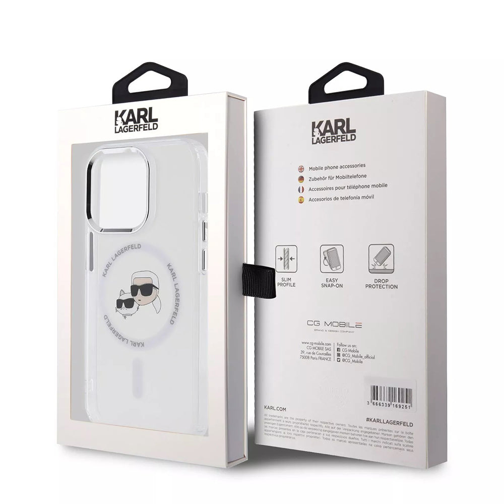 Husa de protectie Karl Lagerfeld IML MagSafe (KLHMP15LHLSKCH) compatibil cu iPhone 15 Pro, Alb Metal Karl&Choupette Head