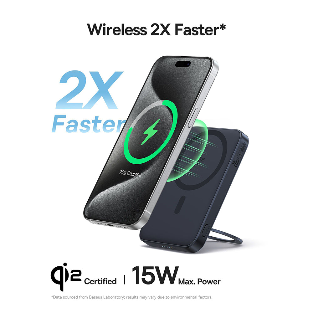 Baterie externa Baseus PicoGo (P10076802123-00), Type-C, Qi2, Fast Charging, 20W, 5000mAh, Rotable Stand, Cable Type-C, Negru