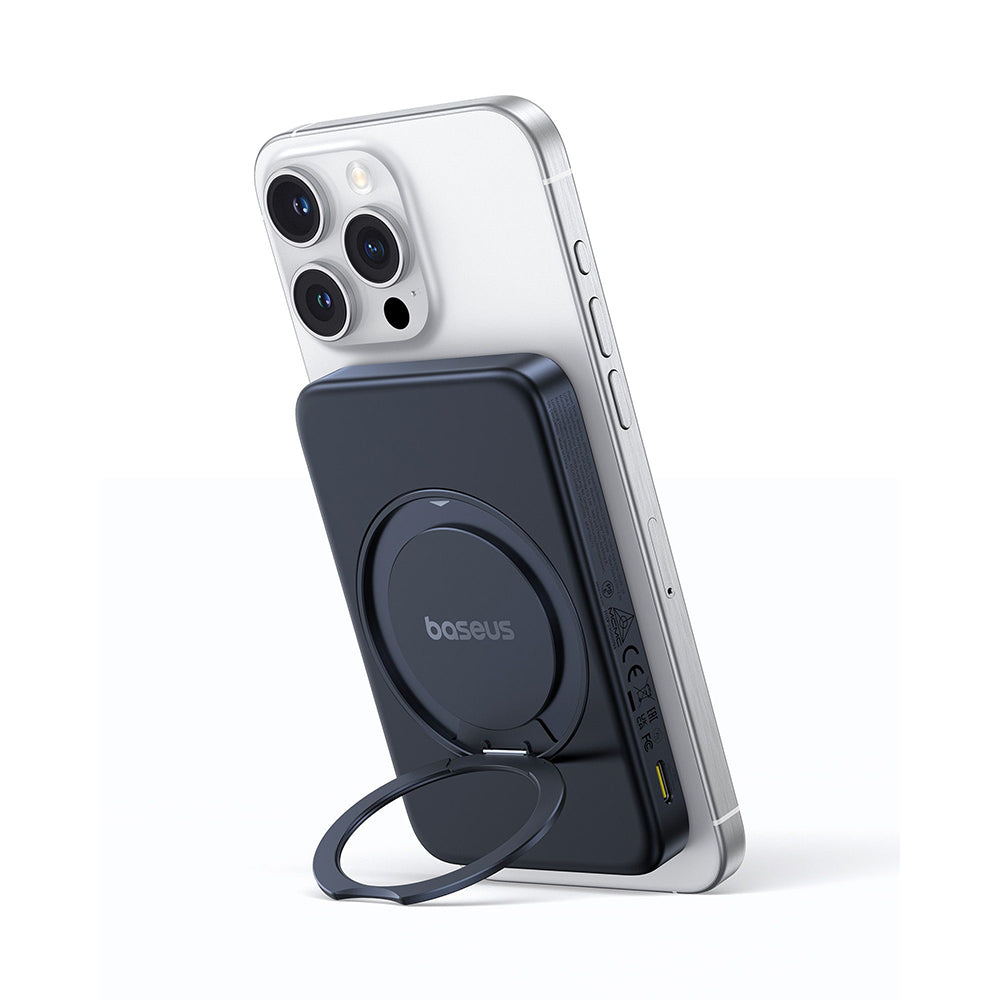 Baterie externa Baseus PicoGo (P10076802123-00), Type-C, Qi2, Fast Charging, 20W, 5000mAh, Rotable Stand, Cable Type-C, Negru