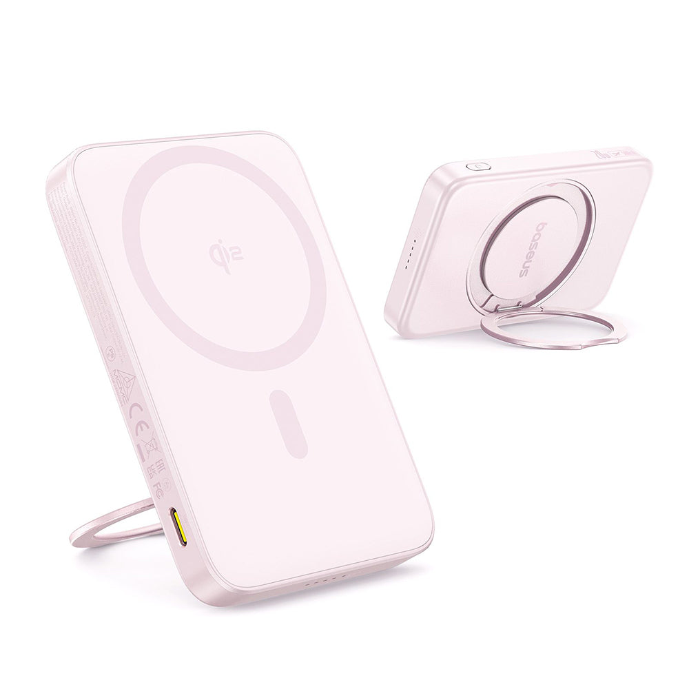 Baterie externa Baseus PicoGo (P10076800413-00), Type-C, Qi2, Fast Charging, 20W, 5000mAh, Rotable Stand, Cable Type-C, Roz