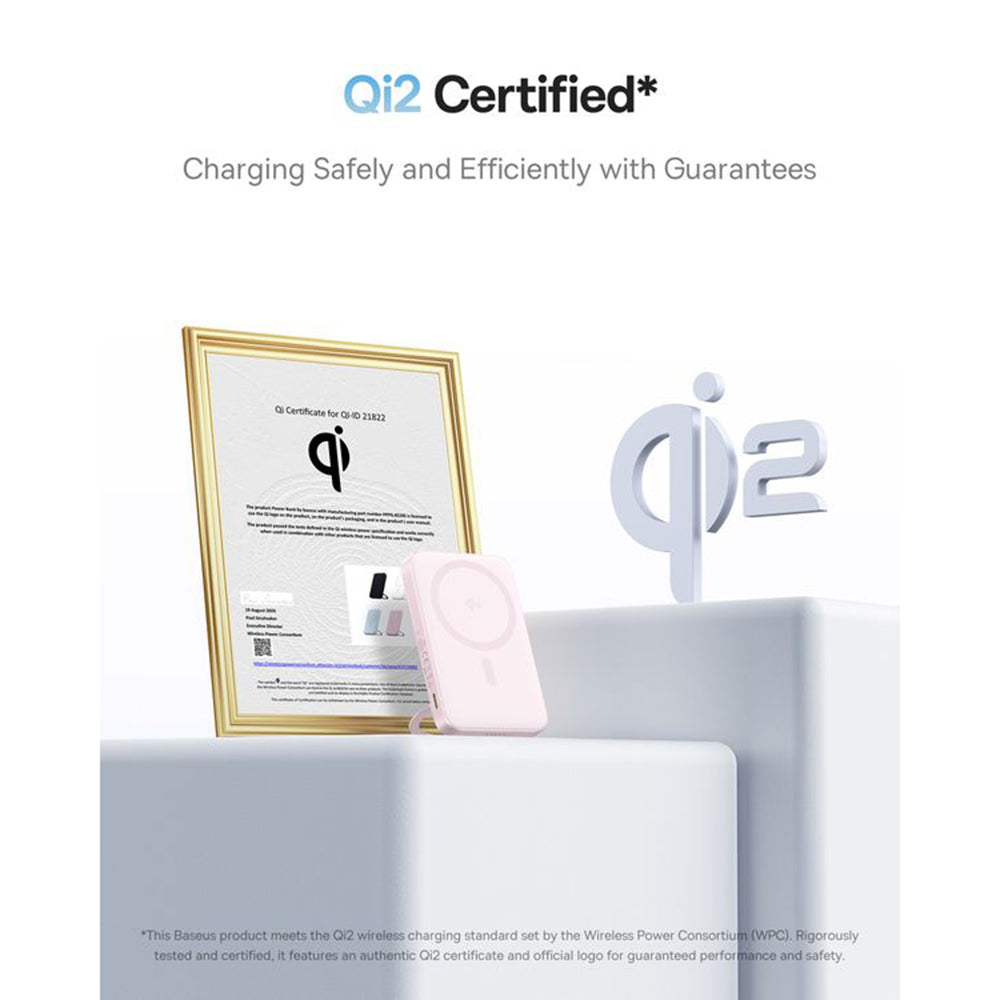 Baterie externa Baseus PicoGo (P10076800413-00), Type-C, Qi2, Fast Charging, 20W, 5000mAh, Rotable Stand, Cable Type-C, Roz