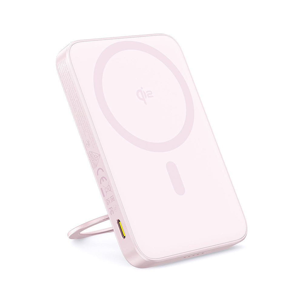 Baterie externa Baseus PicoGo (P10076800413-00), Type-C, Qi2, Fast Charging, 20W, 5000mAh, Rotable Stand, Cable Type-C, Roz