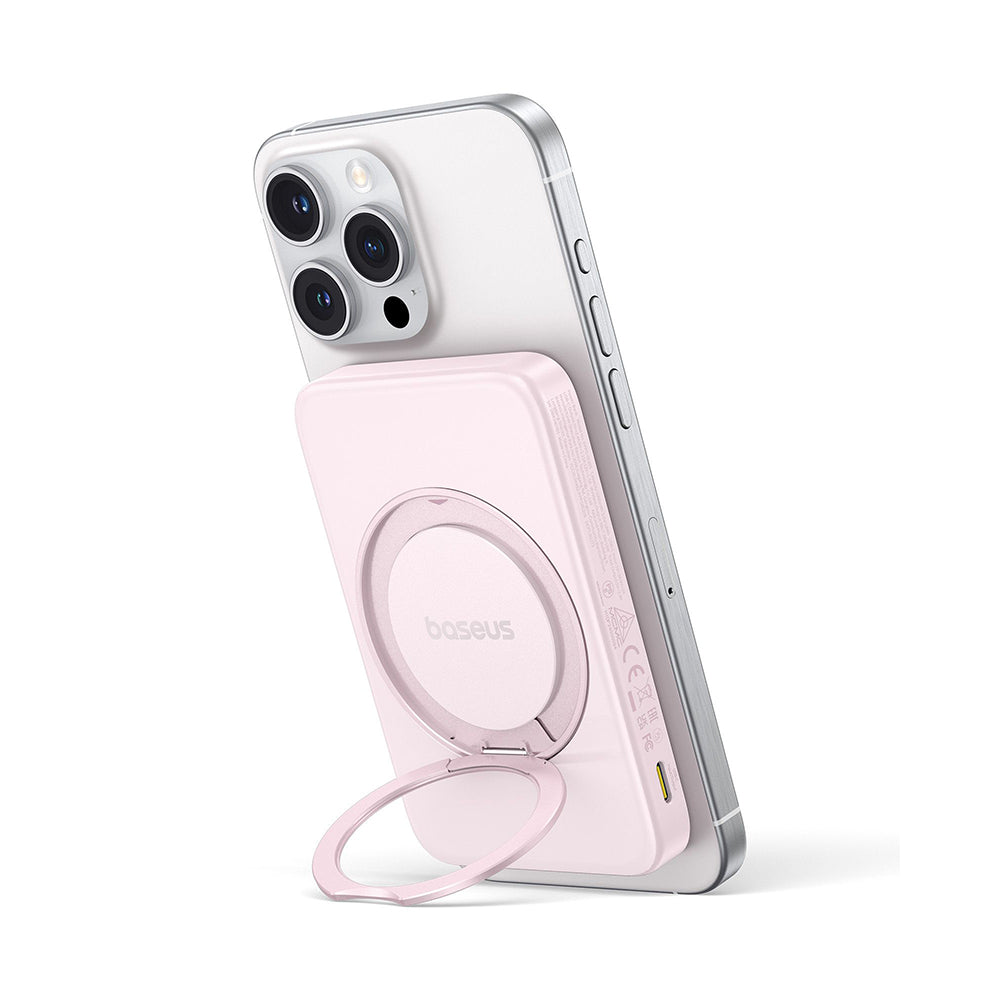 Baterie externa Baseus PicoGo (P10076800413-00), Type-C, Qi2, Fast Charging, 20W, 5000mAh, Rotable Stand, Cable Type-C, Roz
