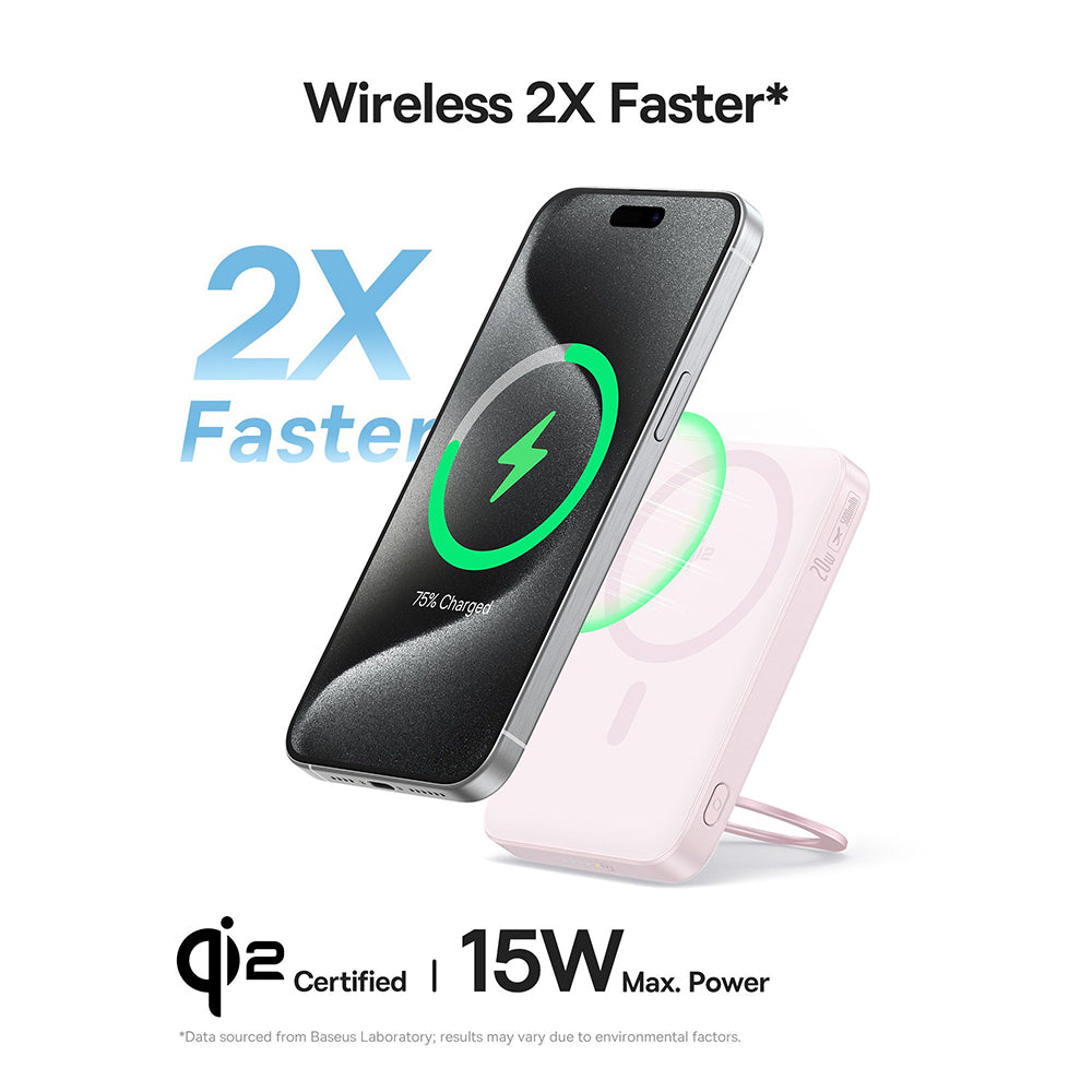 Baterie externa Baseus PicoGo (P10076800413-00), Type-C, Qi2, Fast Charging, 20W, 5000mAh, Rotable Stand, Cable Type-C, Roz