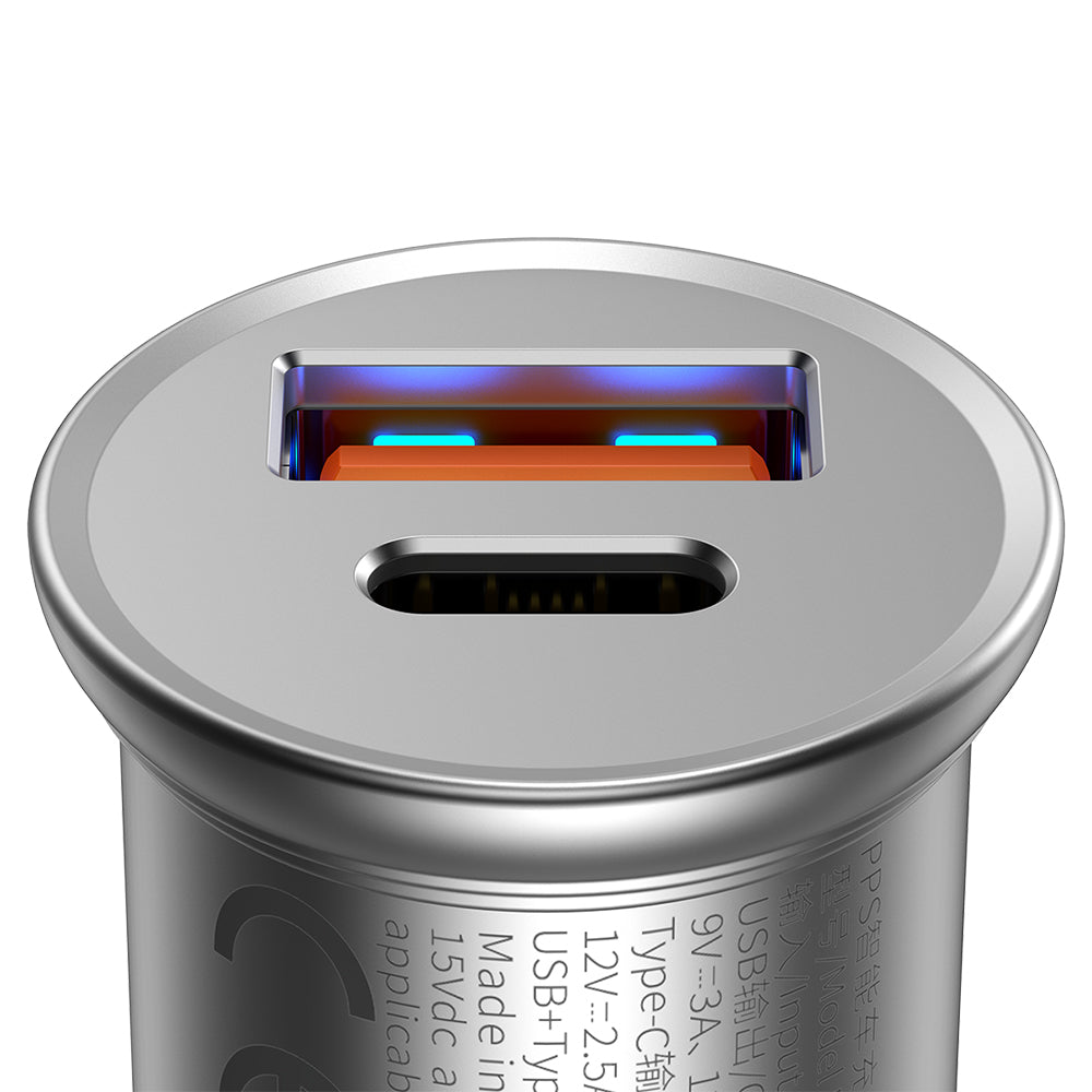 Incarcator Baseus Car Circular Metal (CCALL-BS0S), Type-C, USB, PPS 30W, Multi Protocol, Argintiu