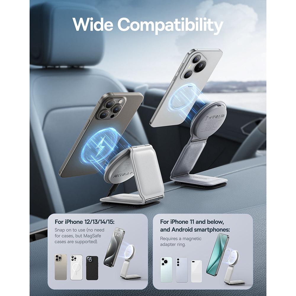 Suport Baseus with Wireless Charging PrimeTrip C02 (C40169003211-00), Magnetic Grip for Dashboard, 15W, Moon White