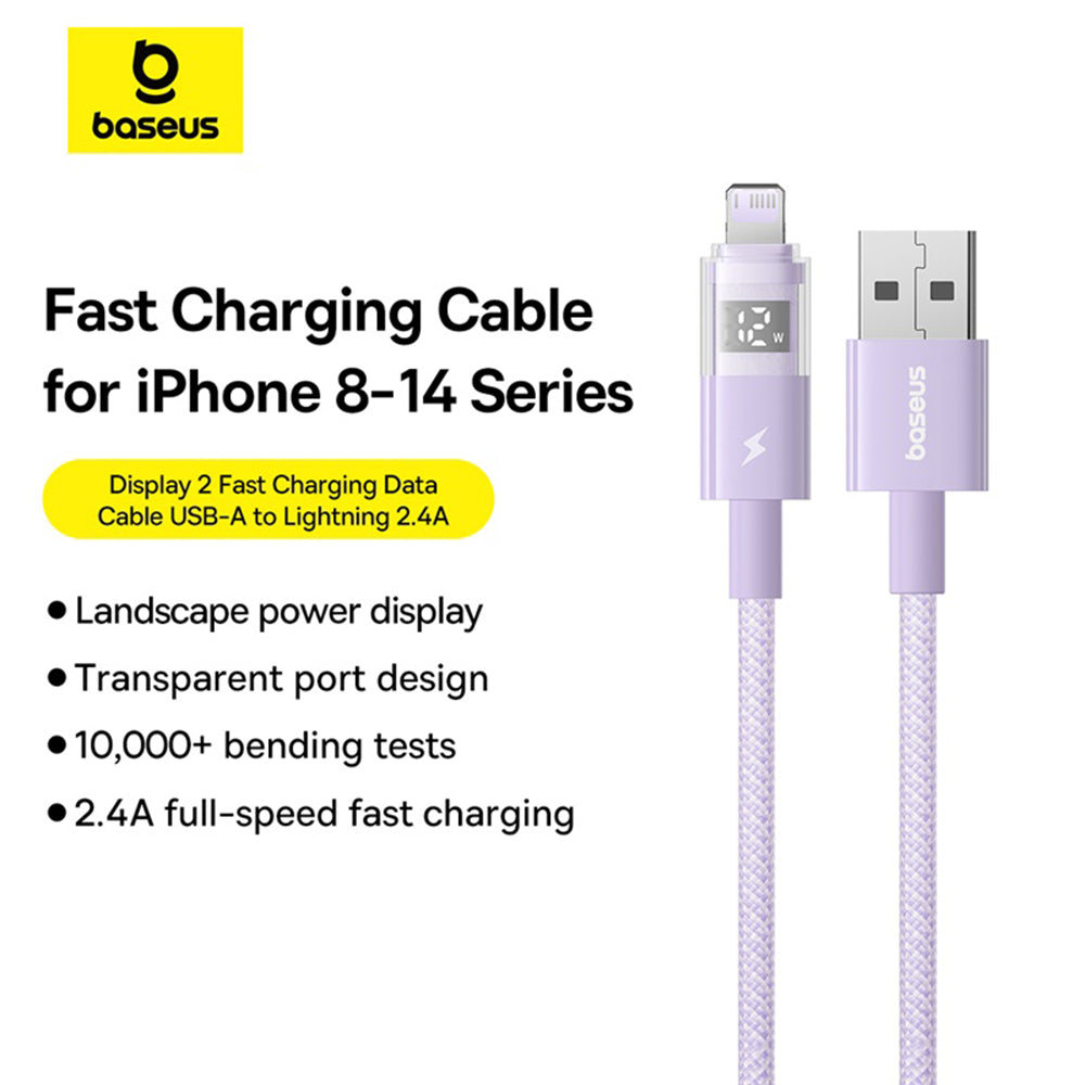 Cablu Baseus Display 2 (P10382700511-01), USB to Lightning, Fast Charging, Digital Display, 2.4A, 2m, Nebula Purple