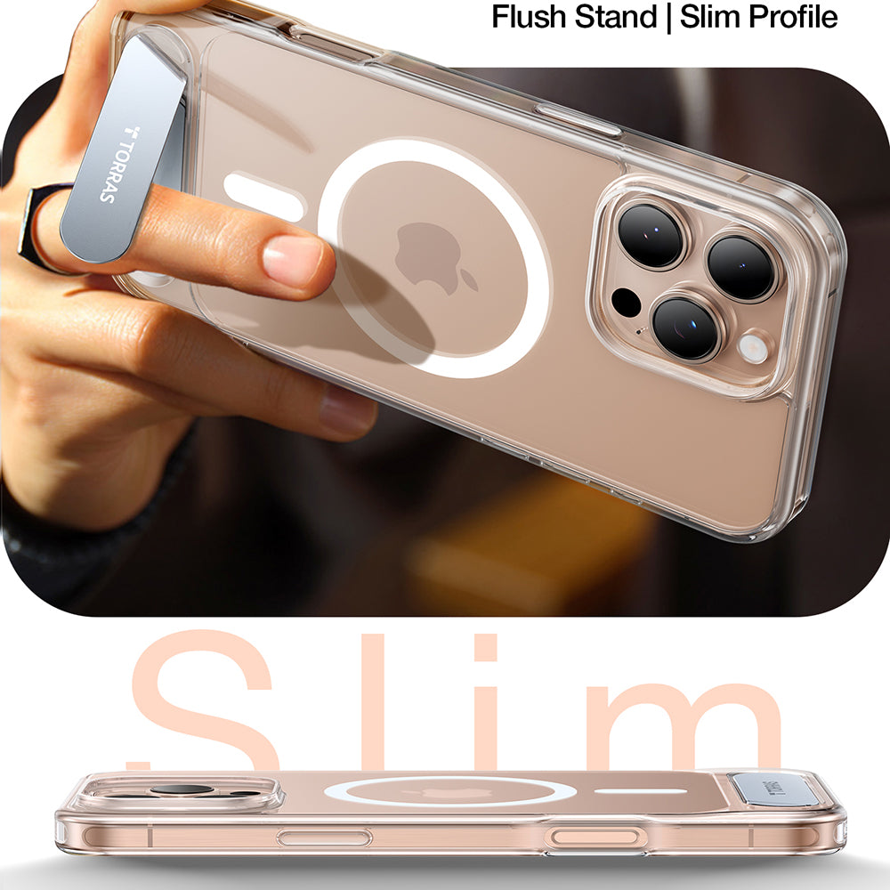 Husa de protectie Torras Pstand MagSafe compatibil cu iPhone 16 Pro, Transparent