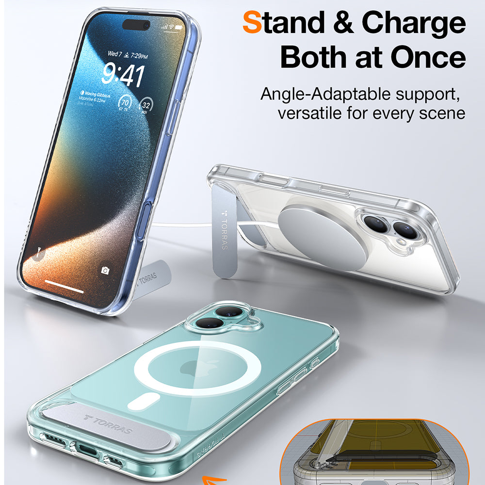 Husa de protectie Torras Pstand MagSafe compatibil cu iPhone 16 Plus, Transparent