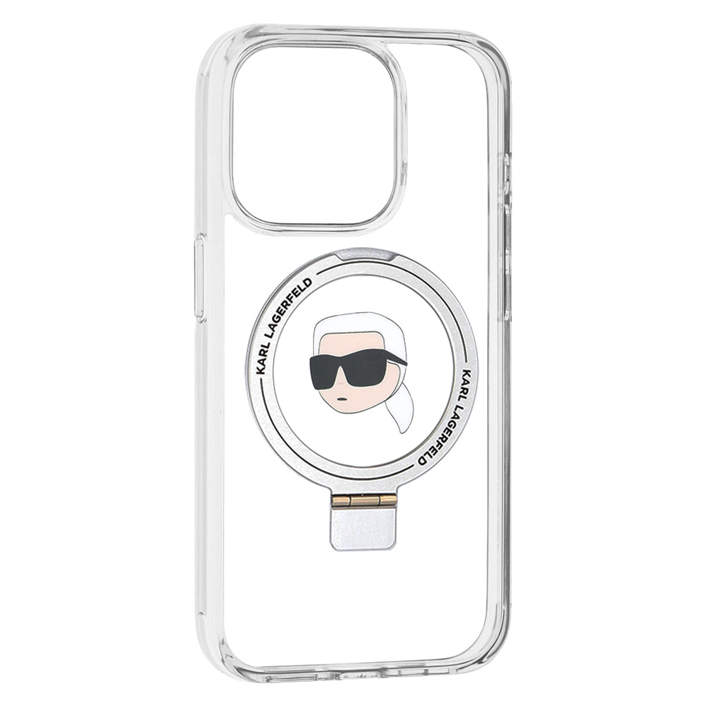 Husa de protectie Karl Lagerfeld Hardcase Ring Stand MagSafe (KLHMP15LHMRSKHH) compatibil cu iPhone 15 Pro, Alb Karl Head