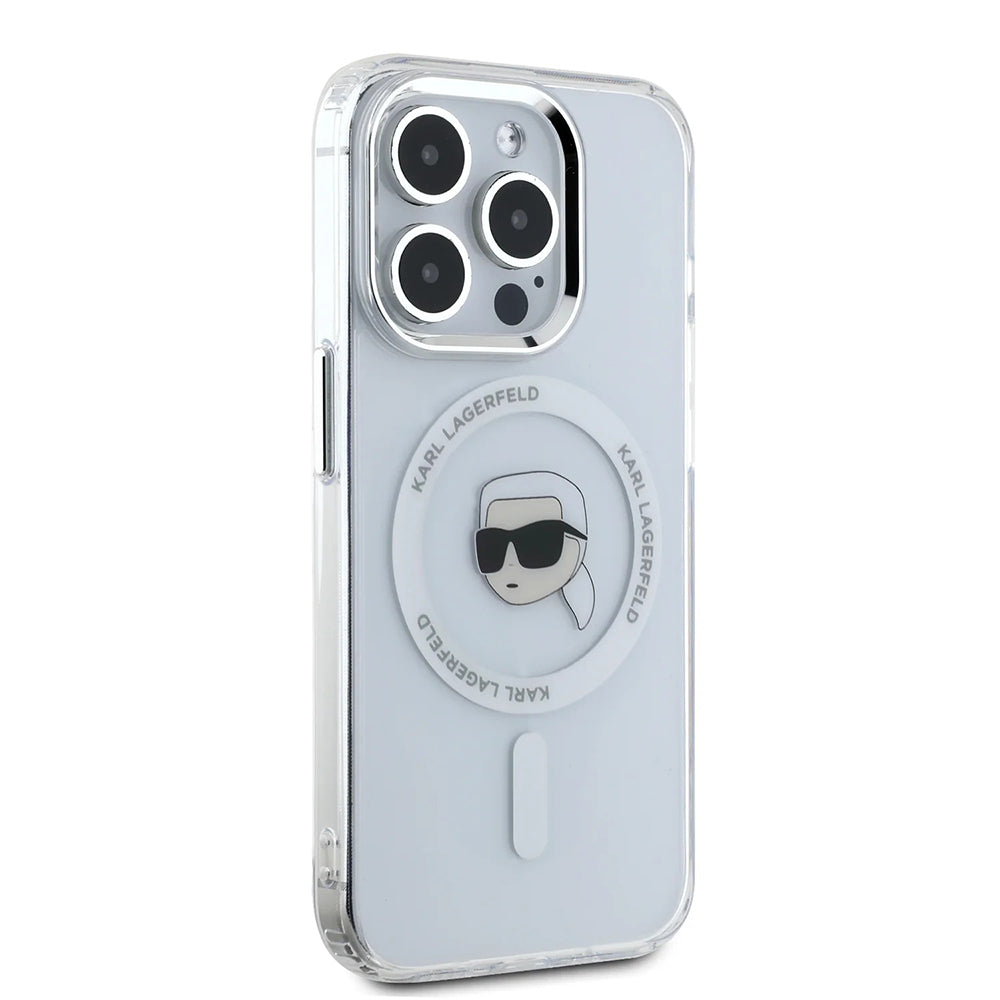 Husa de protectie Karl Lagerfeld IML MagSafe (KLHMP16LHLSKIH) compatibil cu iPhone 16 Pro, Alb Metal Karl`S Head