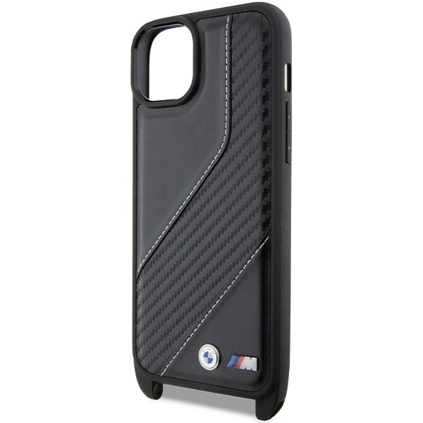 Husa de protectie BMW Leather M Edition Carbon Stripe & Strap compatibil cu iPhone 15 Plus (BMHCP15M23PSCCK), Negru