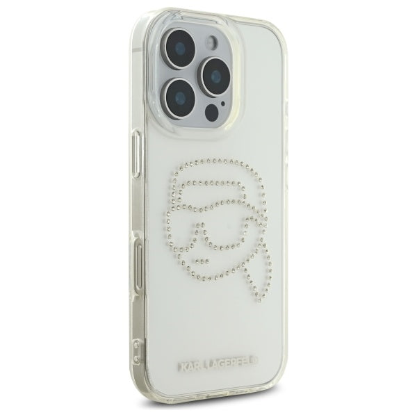Husa de protectie Karl Lagerfeld IML Rhinestones (KLHCP16XHKHDCELT) compatibil cu iPhone 16 Pro Max, Transparent Karl Head