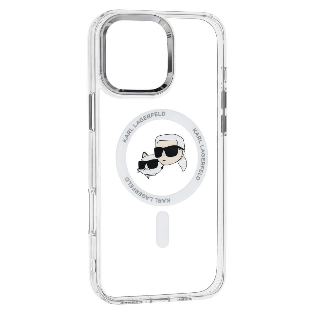 Husa de protectie Karl Lagerfeld IML MagSafe (KLHMP16LHLSKCH) compatibil cu iPhone 16 Pro, Alb Metal Karl&Choupette Head