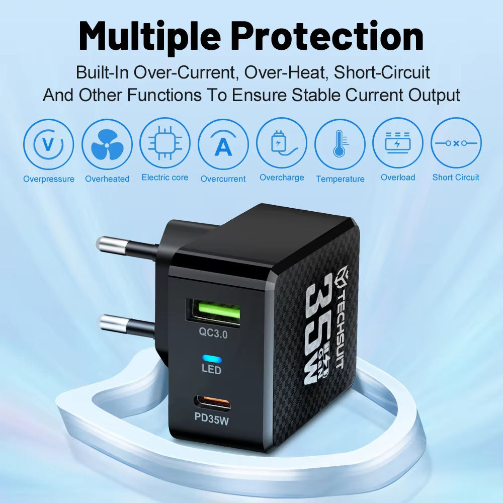 Incarcator Techsuit Premium Tiny Series (CHPD173), GaN, USB, Type-C, Fast Charge, PD35W, Negru